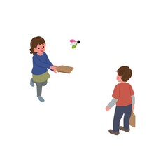 アイソメトリック　羽根つきで遊ぶ子供　イラスト
