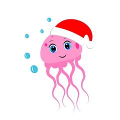 cute christmas animal in santa hat cartoon, character vector illustration	