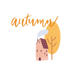 Vector cute little house and a tree. 