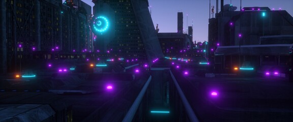 Bright neon night in a cyberpunk city. Futuristic cityscape. City of a future with glowing neon lights. Grunge urban wallpaper. 3D illustration.