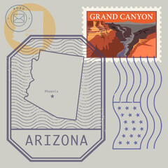 Stamps set with the name and map of Arizona, United States