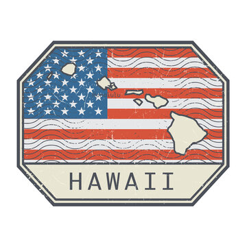 Stamp or sign with the name and map of Hawaii, United States