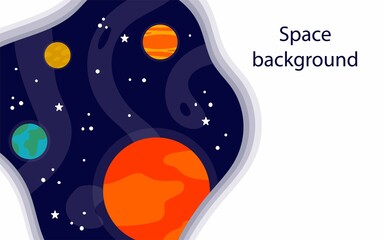 Cartoon Space background. Heavenly science poster with space objects and copy space. Colorful planets, sun and rocket on space, galaxy map with lettering vector horizontal banner, flyer or poster