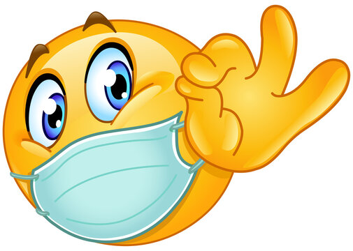 Emoji emoticon with medical mask over mouth showing OK sign