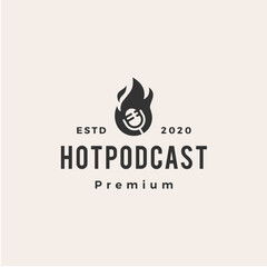 hot podcast fire hipster vintage logo vector icon illustration