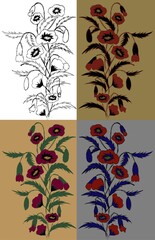 Set of grunge floral patterns of the poppy bouquet. Hand-drawn grunge strokes. Color and black and white line vector illustration of the flower