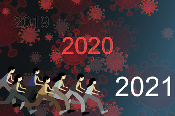 Many people wearing face mask and running with Coronavirus (Covid-19) background. Starting in year 2019 to  2020 and maybe to 2021.