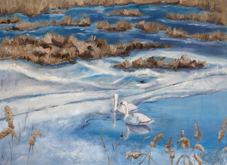 Two white swans on frozen lake. Oil painting