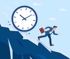 Businessman run away from the big clock. Business concept. Vector illustration in flat style.
