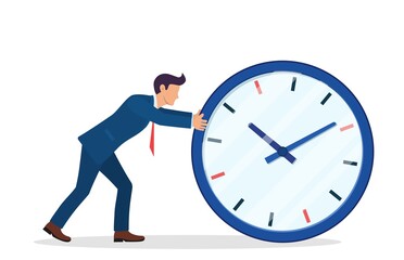 Businessman pushing big clock. Business man rushing hurry to get on time. Overwork, deadline, investment, savings, future income, money benefit. Time is money. Vector illustration in flat style.