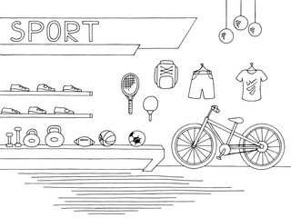 Sport shop store graphic interior black white sketch illustration vector
