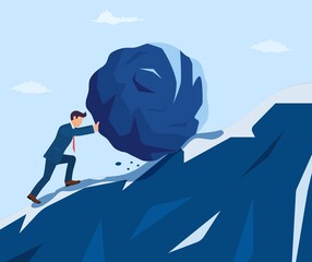 Businessman pushing huge stone up the hill. Business problem crisis hardship and burden concept. Cartoon. Vector illustration in flat style.