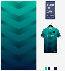 Fabric textile design in Green gradient geometry shape pattern for soccer jersey, football kit or sports uniform. T-shirt mockup template. Abstract background.