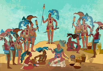 Fotobehang Pyramid and tribe. Maya background. Old frescos art. Aztec and Inca people. Historical concept. Ancient mexican history. Ancient Mayan. Mural painting style © Matrioshka
