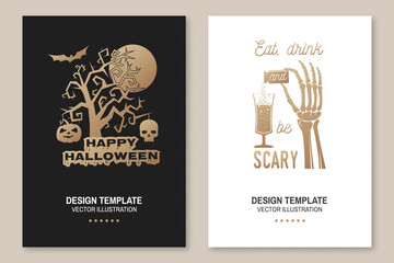 Halloween party poster, flyer, template. Vector. Trick or Beer. Halloween invitation or greeting cards. Skeleton hands with glasses of magic beers.