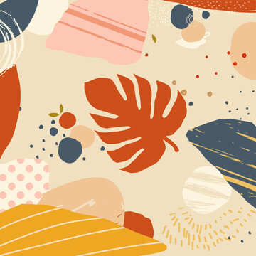 Colorful monstera leaf poster background vector illustration. Exotic monstra art print for spa and wellness, fabric and fashion, design for banner, brochure, card, invitation, flyer, poster, report