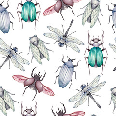Watercolor seamless pattern with insects.