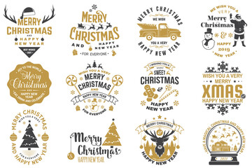 Naklejka premium Set of Merry Christmas and Happy New Year stamp, sticker set with snowflakes, hanging christmas ball, santa hat, candy.