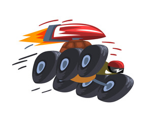 Fototapeta na wymiar Fast Turtle on Wheels, Tortoise Animal Cartoon Character with Jetpack Vector Illustration on White Background.