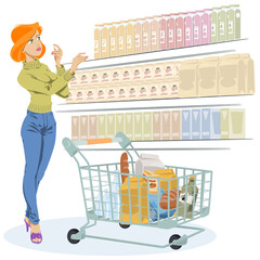 Young woman with shopping cart. Picture concept for web page design.