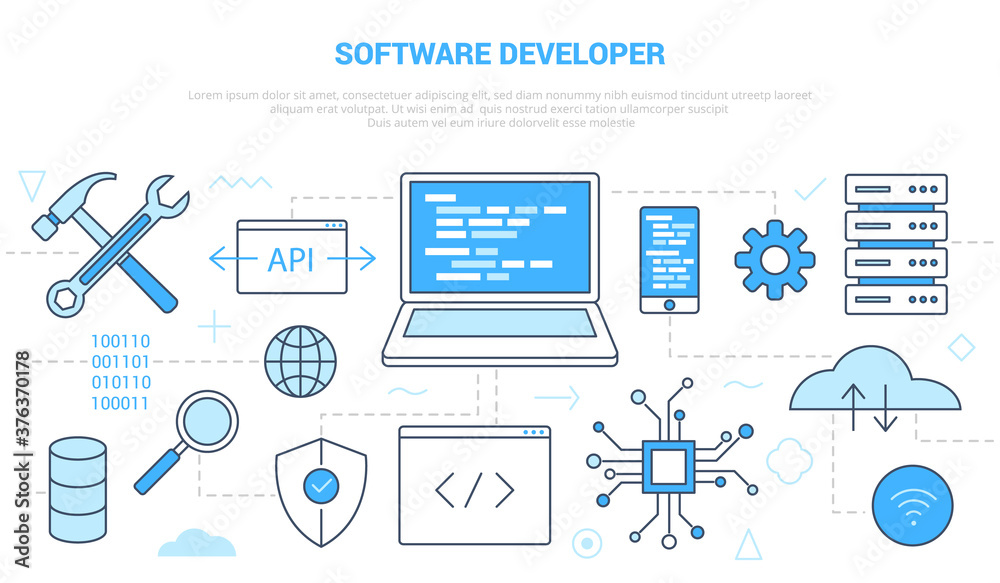 Wall mural software developer concept with icon set template banner with modern blue color style