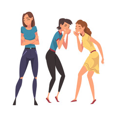 Obraz premium Two Female Friends Cynically Gossiping and Giggling Behind the Back of Sad Stressed Girl Cartoon Vector Illustration on White Background