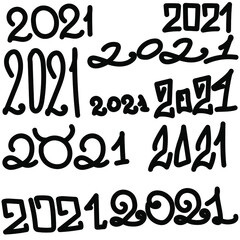 Set of holiday inscriptions 2021 in various styles, numbers handwritten, holiday date illustration