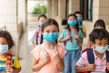 children wearing  face medical mask back to school after covid-19 quarantine - Powered by Adobe