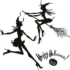 Vector set: black silhouettes of pretty sexy  witches wearing hats, short scirts and broom, lettering Happy Halloween , pumpkin Jack-o-lantern. Design for party poster, card, flyer.