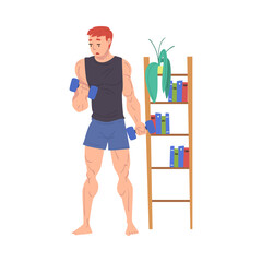 Man in Sportswear Exercising with Dumbbells at Home, Physical Activity and Healthy Lifestyle Concept, Stay Home, Keep Fit and Positive Cartoon Style Vector Illustration