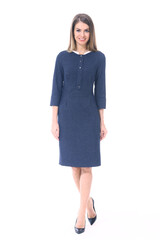 business woman in blue formal dress white collar high heels shoes