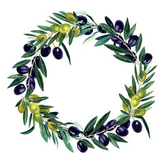 Wreath of olive branches watercolor painted