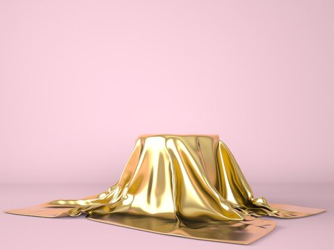 Empty podium covered with golden cloth. 3d illustration