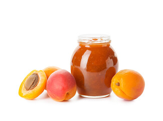 Jar of tasty apricot jam on white background