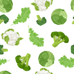 Cabbage seamless pattern. Kale, cauliflower, broccoli, fresh cabbage on white background. Vector illustration of green vegetables. Cartoon flat style. 