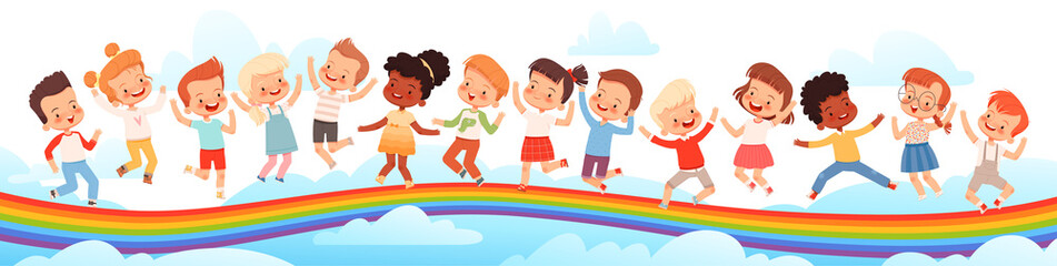 Many children are jumping on a rainbow among the clouds. Happy boys and girls enjoy childhood and friendship. Horizontal banner for kids