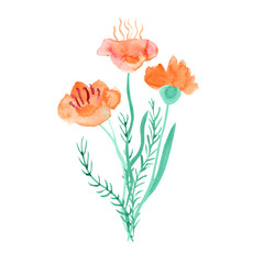 Watercolor small bouquet of beautiful fantasy wild orange and pink flowers. Great decorative print for clothes, t-shirts, invitations, gift products. Hand painted illustration isolated on white.