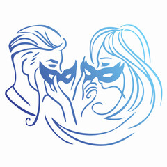 A man and a woman hold masks in their hands. Isolated on white.