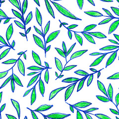 Seamless pattern with crayon drawn leaves. Floral elements. Natural illustration for wallpaper, wrapping paper, textile, surface design