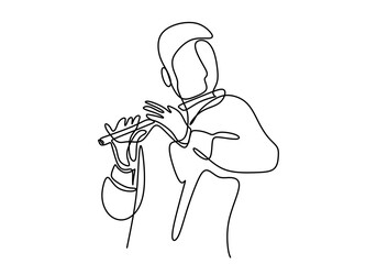 One continuous line drawing of a man playing the flute. The musician perform with bamboo flute isolated on white background. Traditional instrument concept. Vector minimalist design illustration - obrazy, fototapety, plakaty
