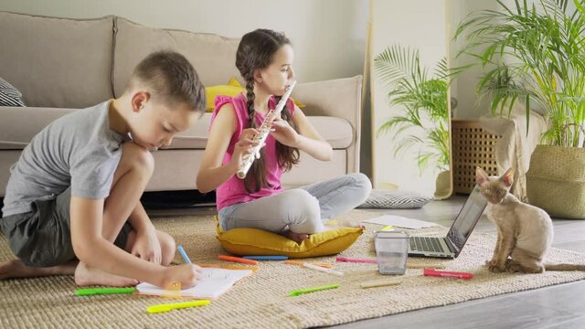 little boy in grey t-shirt draws in paper notebook with markers during teenage girl playing silver shiny flute at laptop with cat on floor in living room