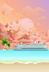 Picturesque tropical island beach scene with cruise ship anchored offshore set against a dawn or dusk pink sky