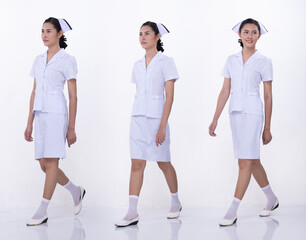 Asian Woman wear Nurse white uniform isolated walking