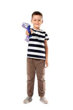 Cute Little With Jumping Rope Against White Background