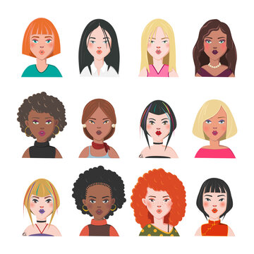 Set of Woman Avatars. Twelve Characters from Different Subcultures and Social Strata. Kiss Blowing Beautiful Women. Diversity of Cultures. Vector Illustration.