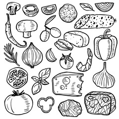 Pizza Ingredients Hand Drawn Black Thin Line Icon Set. Vector