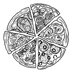 Obraz premium Pizza Hand Drawn Sketch Black Thin Line. Vector