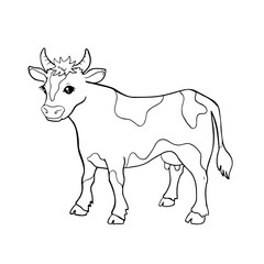 Cute cartoon cow for coloring page or book. Black and white vector 10 EPS illustration of farm animal character.