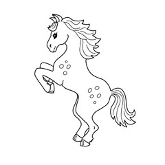 Cute cartoon horse for coloring page or book. Black and white outline vector 10 EPS illustration of animal character.