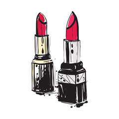 Hand drawn graphic couple lipstick and thank you sign. Contrasty glamour fashion greeting card in vogue style. Isolated elements on white background. Vector fashion sketch. © Sopelkin